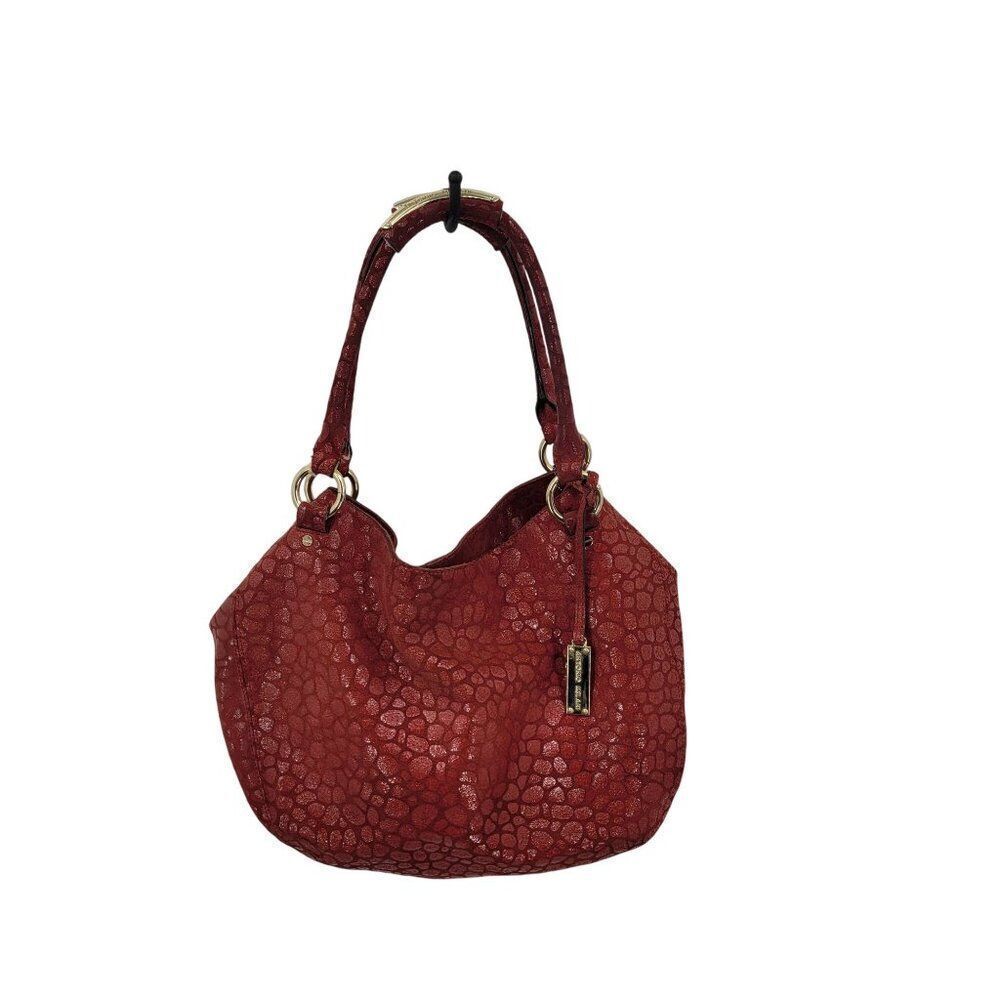 Antonio Melani Red Pebble Textured Leather Hobo Satchel Shoulder Bag Gold Accent